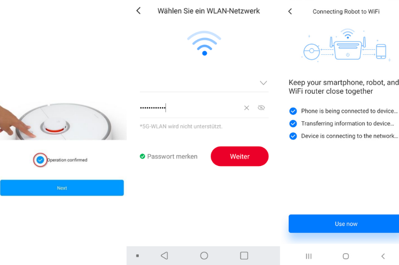Screenshots aus der App zeigen, wie der WLAN-Einbindungsprozess durchgeführt wird
